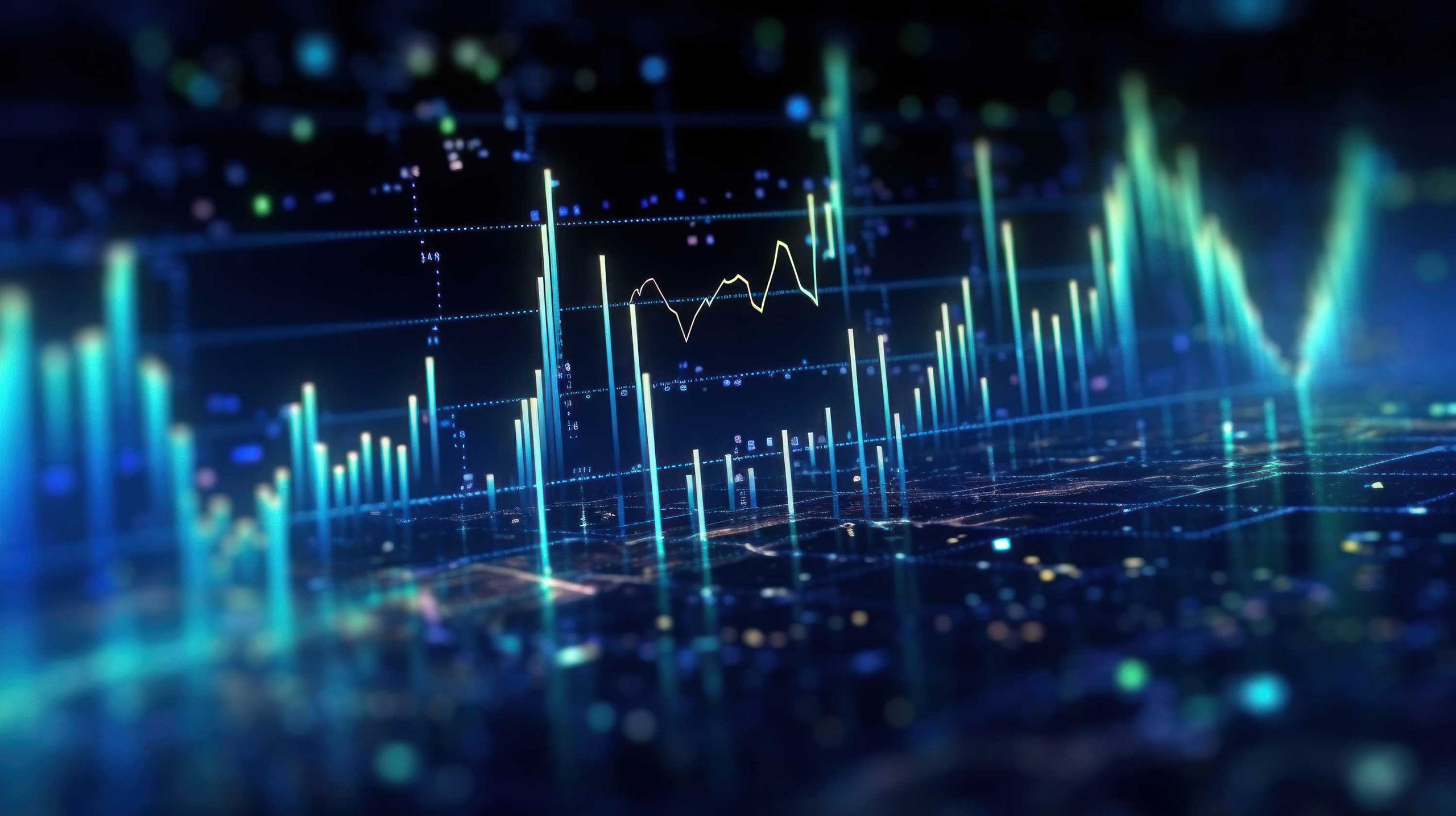 Illustration with cool colors showing financial charts